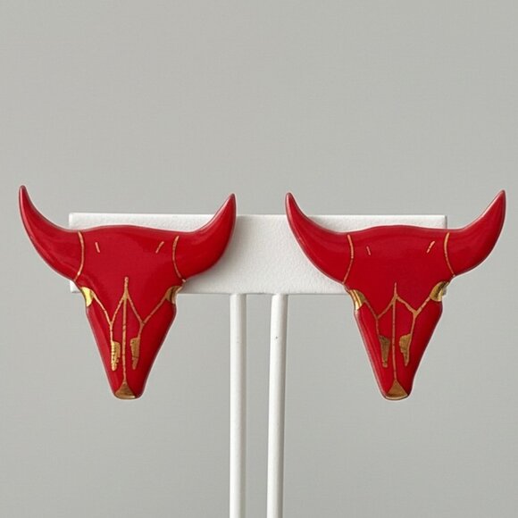 Jewelry - Western Country Cowgirl Steer Earrings Red